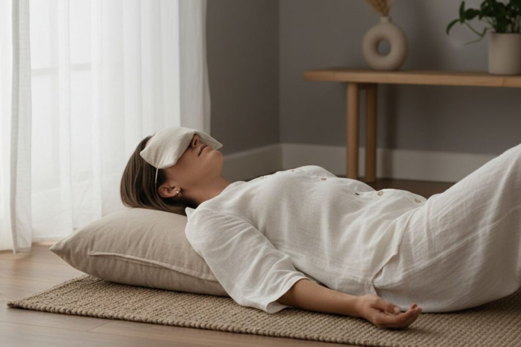 Lady with brown hair in white pyjamas lying on a mat with her head supported by a beige pillow meditating with a cream eye pillow covering her eyes.