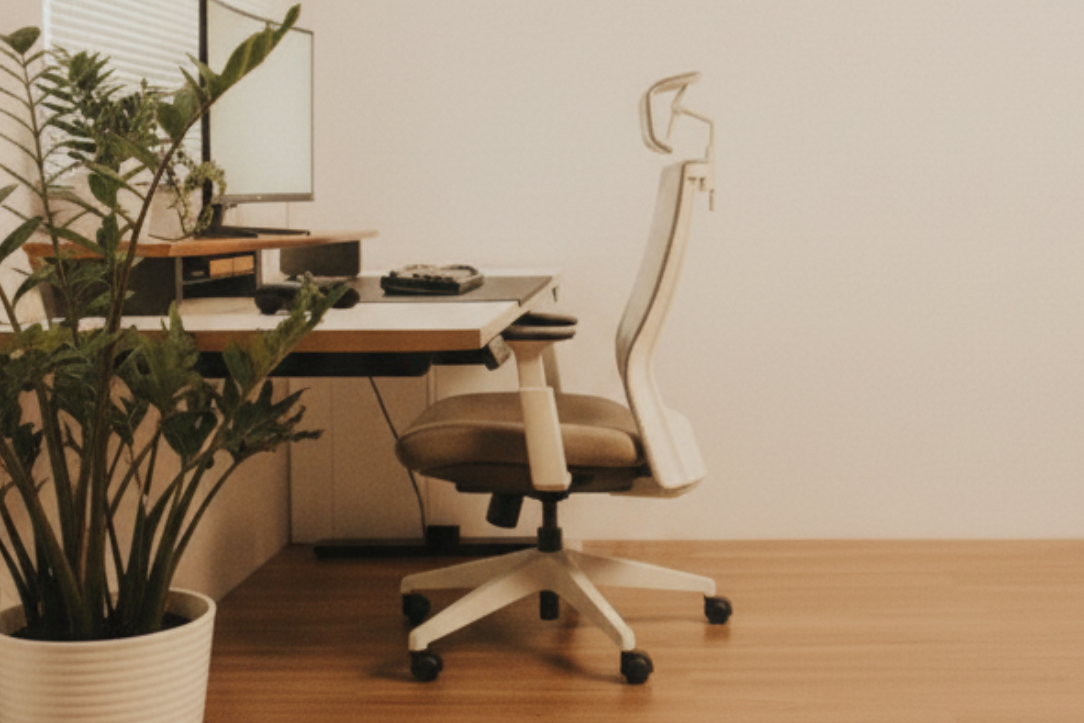 Modern ergonomic desk chair in an at-home office with neutral colors and a leafy plant in the foreground.